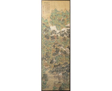 AFTER ZHAO MENGFU (QING DYNASTY)LANDSCAPEA Chinese scroll painting, ink and colour on silk, depicting a mountainous landscape
