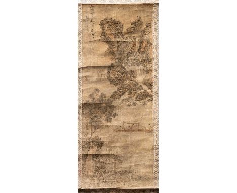 ATTRIBUTED TO TANG YIN (QING DYNASTY) A PLEASURE BOAT IN A RIVER LANDSCAPE  A Chinese hanging scroll painting of scholars on 