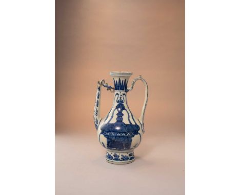 A RARE CHINESE BLUE AND WHITE 'MAGIC FOUNTAIN' EWERJIAJING 1522-66With a pear-shaped body raised on a spreading base, a tall 