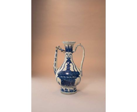 A RARE CHINESE BLUE AND WHITE 'MAGIC FOUNTAIN' EWERJIAJING 1522-66With a pear-shaped body raised on a spreading base, a tall 