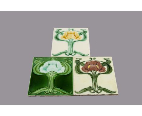 Three Henry Abraham Ollivant Art Nouveau relief moulded tiles, all matching single floral design in various colours, 15cm squ