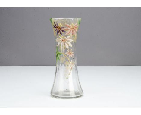 A  continental Art Nouveau glass vase, of waisted form by Mont Joye, the enamel decoration of passion flowers in pink, white 