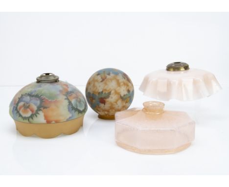 Four Art Deco glass ceiling shades, one spherical example with printed floral decoration, 15.5cm diameter, another domed exam