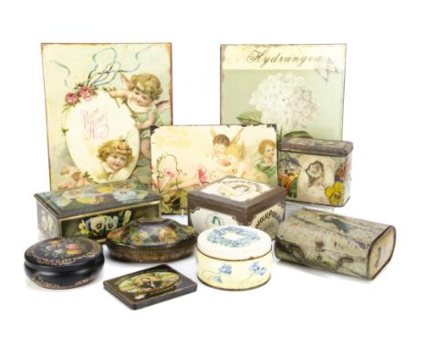 A collection of various tins, with lithographic decoration including a Rowntree's ovoid example decorated with flowers, a nov