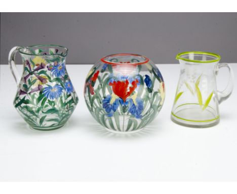 A large Art Deco bulbous floral decorated glass centre piece, with blue, red and white flowers, 18cm high x 19cm diameter tog