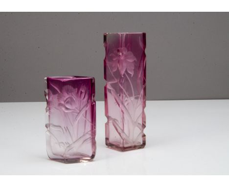 Two Moser glass vases, one of square form in a light cranberry colourway tapering to an almost colourless base with a deep fl