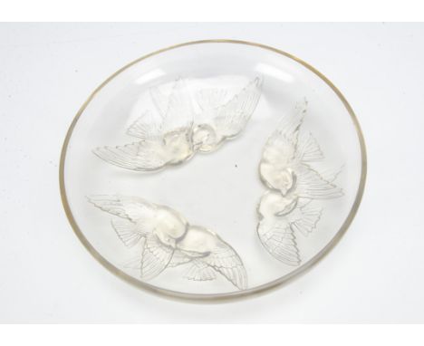 A Rene Lalique opalescent glass footed dish Nonnettes pattern, the circular shallow dish decorated with three pairs of birds,