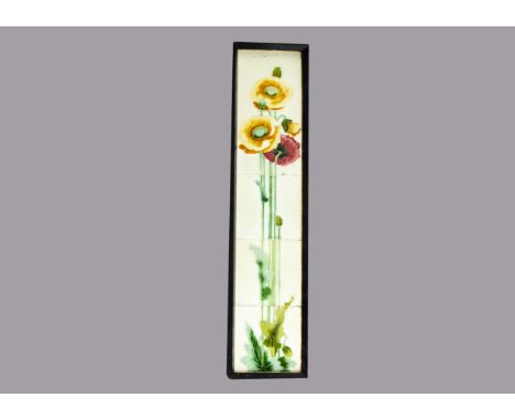 A framed British Art Nouveau tile picture, the five tiles with poppy decoration against a white ground, decorated in colours,