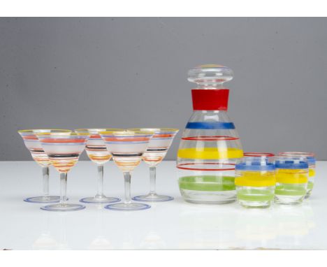 An Art Deco coloured glass cocktail set, including cocktail shaker, 20cm high and four beakers all with banded green, red, ye