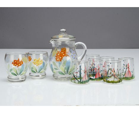 An Art Deco painted water jug set, comprising a pair of tumblers with floral decoration, 8cm high, one af, and a water jug wi