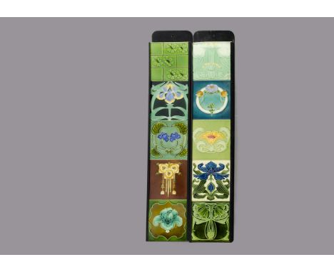 Two sets of five framed British Art Nouveau relief moulded and tube lined tiles, by Marsden and other makers, some monochrome