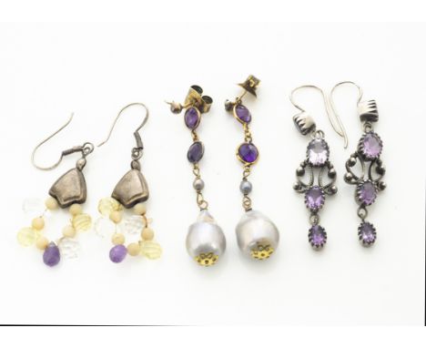 A pair of amethyst and baroque pearl drop earrings, the rose cut amethysts supporting oval baroque drops, 6.4cm together with