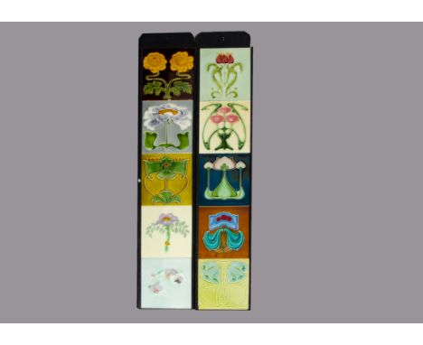 Two sets of five framed British Art Nouveau relief moulded tiles, by J W Wade &amp; Co, Corn &amp; Marsden Tile co and others