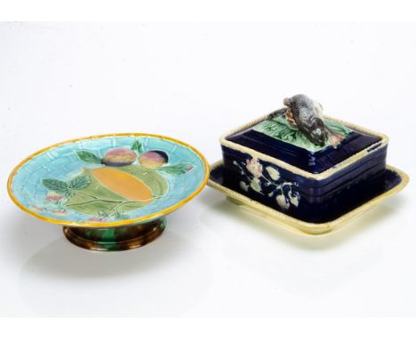 A 19th Century Wedgwood majolica comport, the central pattern decorated with relief moulded fruit of melon, strawberries and 