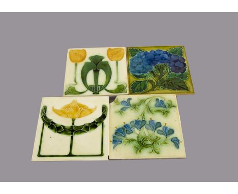 Four Pilkington Art Nouveau relief moulded tiles, with floral decoration, 15.5cm square Crazed^ one with large chip to top le