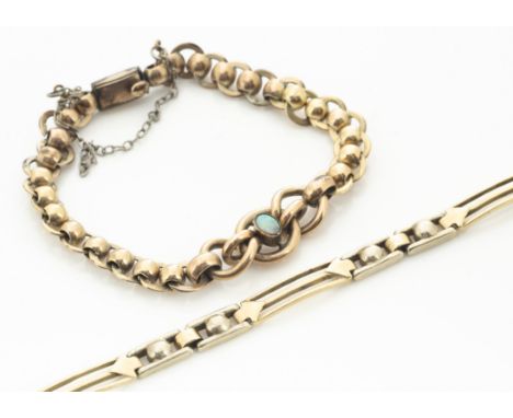 A 14ct gold bracelet, the two colour gold with pierced baton links, 16g, (af) together with a gilt metal and precious opal se