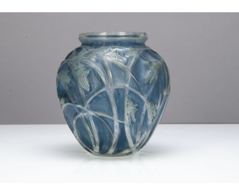 A Rene Lalique Sauterelles ovoid glass vase, frosted blue and green, catalogue number 888, ovoid vase with moulded grasshoppe