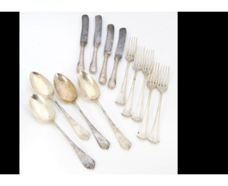 A collection of Art Nouveau, Art Deco German white metal flatware, including a set of four table spoons with engraved initial