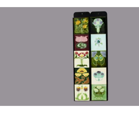 Two sets of five framed British Art Nouveau relief moulded and tube lined tiles, various examples by Sherwin &amp; Cotton, He