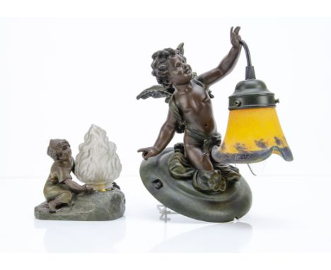 An Art Deco spelter table lamp, modelled as a young girl next to a flame, after O. Mednat, flame shade is replacement, 15cm x