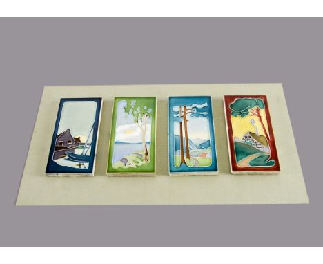 A set of four Art Deco continental relief moulded picture tiles, mounted on a contemporary canvas covered board, each with la