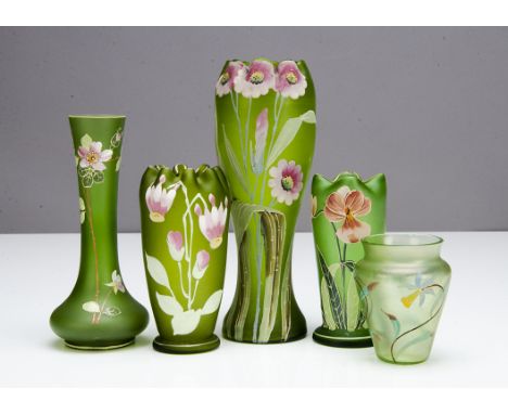 Five green continental Art Nouveau glass vases, all painted with floral design comprising a large baluster example with crimp