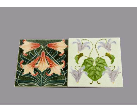Two French Art Nouveau relief moulded tiles, by Utzscneider, decorated with Canterbury Bells and violets on green hue ground,