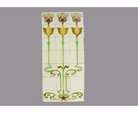 A twenty one tile Art Nouveau picture group, depicting three stylised pink, grey and blue flowers supported on green sinuous 