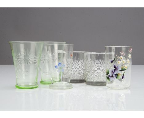 A continental Art Nouveau lily of the valley embossed decorated glass beaker, 9.5cm high, a pair of green glass conical lemon
