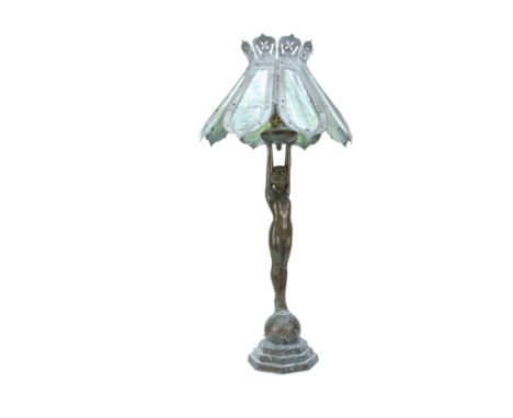 A large Art Deco style table lamp, modelled as a nude female standing on a spherical base with a stepped octagonal plinth sup