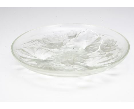 An Art Deco French frosted glass charger by Verlys, decorated with lilypads and flowers to both base and top, marked to edge,