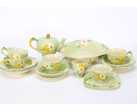 A Grindley pottery Art Deco teaset and dessert set, including teapot, tea bowls, serving bowl, five bowls, five tea cups, fou