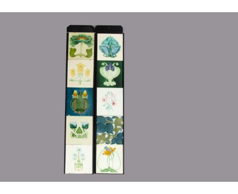 Two sets of five framed British Art Nouveau relief moulded tiles, by Rhodes Tile Company, J H Barratt, Henry Richards and oth