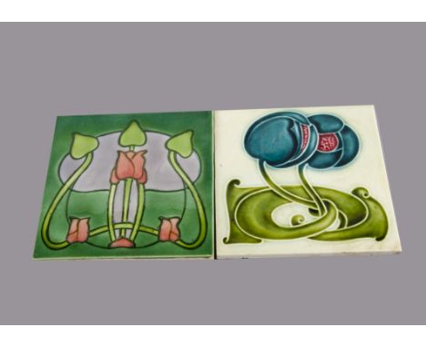 A British Art Nouveau tube lined tile, unknown maker, with stylised tulip on a mauve and green ground together with a relief 