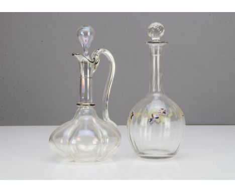 A Mont Joye French bottle decanter and stopper, the body of pulled ribbed design with applied enamel mauve flower and green l