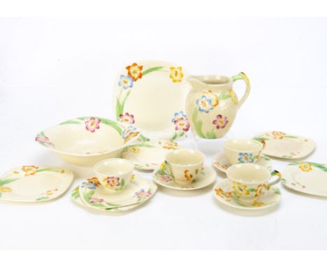 A collection of Grindley Art Deco pottery tea and dinnerwares, serving bowl, jug, three cups and saucers, five side plates, s