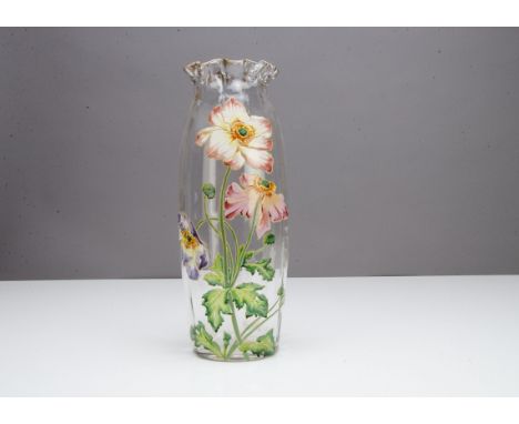 A large continental Art Nouveau vase, the ovoid body with inverted neck and crimped rim with painted enamel pink poppy and ma