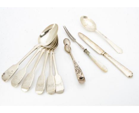 A set of six Victorian fiddle pattern dessert spoons, by George Adams, with engraved monogram, London 1850, an Art Deco silve