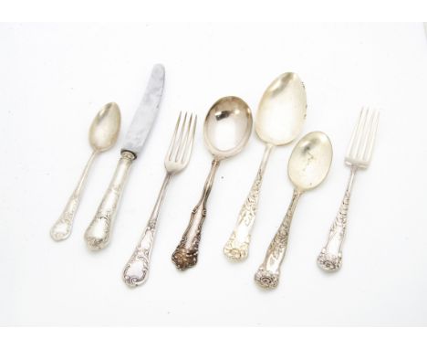 A part canteen of continental Art Nouveau silver plated flatware, comprising six tablespoons, eight dinner forks, ten dessert