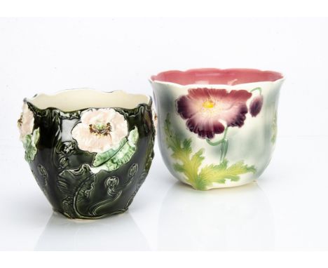 Two French Art Nouveau majolica jardinières, one by Gustave de Bruyn made from Fives Lille, the moulded jardinière with pink 