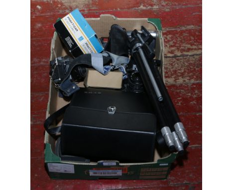 A box of camera equipment to include Zenit camera, Praktica camera, Elmo tape recorder, King Royal tripod etc.