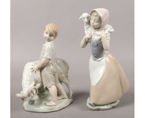 Two Nao porcelain figures one of a young woman and lamb, the other a boy and ram (damaged).