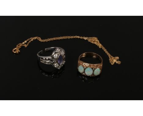 Three pieces of scrap 9ct gold; chain, opal ring and white gold, gem and diamond ring, gross weight 7.51 grams.