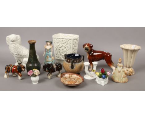 A group of collectable ceramics including Clarice Cliff vase, Beswick, Coalport, A Royal Doulton Cauldron vase (for repair) S