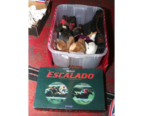 A box of miscellaneous to include Steiff bear, boxed Chad Valley Escalado game, Mulbery bag etc.