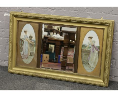 An Edwardian bevel edge mirror flanked by portrait prints of ladies in oval mounts.