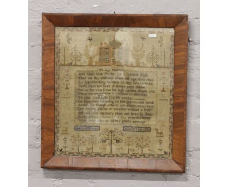 A William IV woolwork sampler in mahogany frame, Hannah Burton, Aged 9, 1836. With a verse, to my mother. Further decorated w