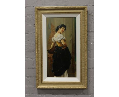 Laszlo Gulyas (Hungarian) gilt framed oil on board portrait of a young maiden carrying a basket, signed c 1960, 58cm x 29cm.