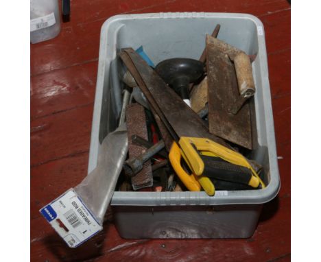 A box of assorted hand tools, spanners, wood saws, tape measure etc.