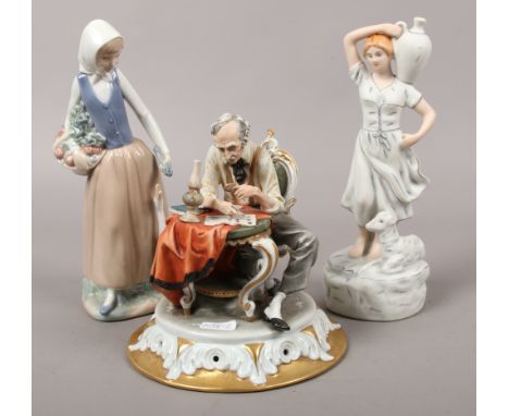 Three ceramic figures to include Royal Dux, Nao and Capodimonte.